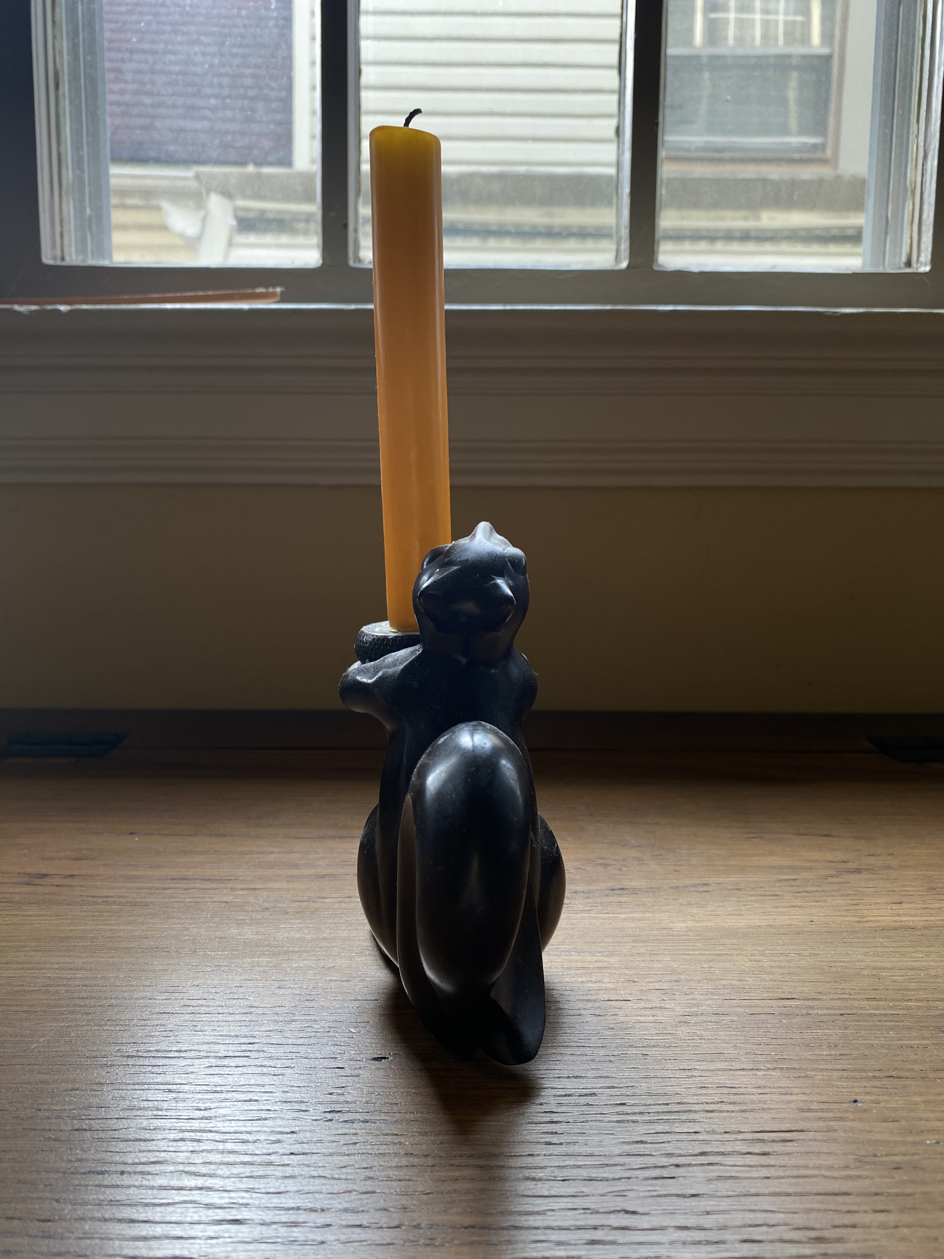 the back of the squirrel, the candle is much taller than the squirrel. taken from the top of the tail. the squirrel is very dusty